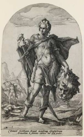 David mit dem Haupt des Goliath und dem Kampf im Hintergrund; Blatt 4 der Folge: Helden und Heldinnen des Alten Testaments