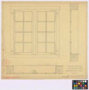 Arsten ([Landkreis] Bremen): Erbhof G. Bätjer. Zargenfenster im Flett (Ansicht, Grundriss, Querschnitt)