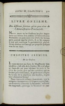 Livre Onzieme. Des différens services qu´on peut tirer de l`Administration Provinciale.