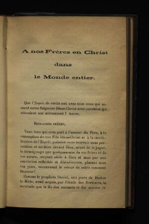 A nos Frères en Christ dans le Monde entier.