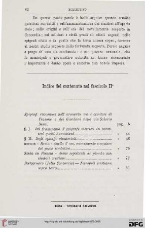 Indice del contenuto nel fasciolo II