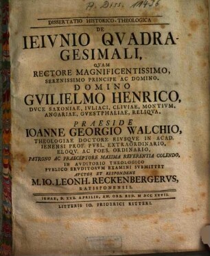 Dissertatio Historico-Theologica De Ieivnio Qvadragesimali