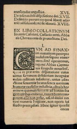 Ex Libro Collationum Ioannis Cassiani, Collatio tertia Abbatis Cheremonis de protectione Dei.