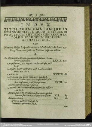 Index Titulorum Omniumque In Responsionibus & Modo Instruendi Processum Austregarum Argumentorum Secundum Ordinem Alphabeticum