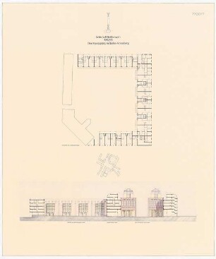 Moritzplatz, Berlin-Kreuzberg Schinkelwettbewerb 1983: Grundriss 3.OG, Ansicht und Schnitt gegen Osten