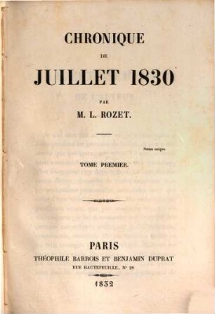 Chronique de Juillet 1830, T. 1