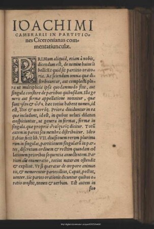 Joachimi Camerarii In Partitiones Ciceronianas commentatiunculae