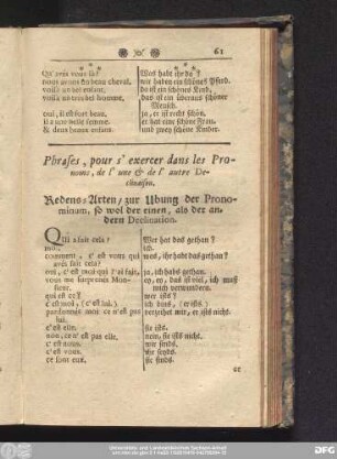 Phrases, pour s'exercer dans les Pronoms, de l'une & de l'autre Declinaison. Redens-Arten, zur Ubung der Pronominum, so wol der einen, als der andern Declination.