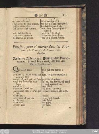 Phrases, pour s'exercer dans les Pronoms, de l'une & de l'autre Declinaison. Redens-Arten, zur Ubung der Pronominum, so wol der einen, als der andern Declination.