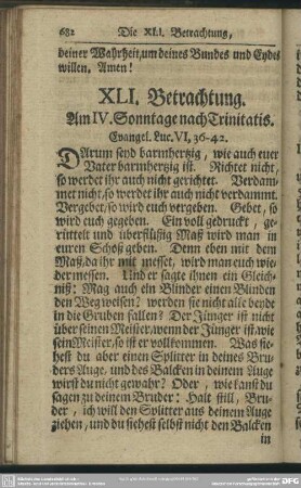 XLI. Betrachtung. Am IV. Sonntage nach Trinitatis. Evangel. Luc. VI, 36-42