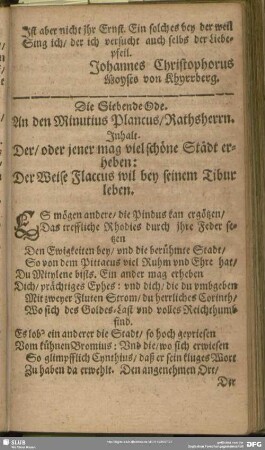 Die Siebende Ode. An den Minutius Plancus, Rathsherrn
