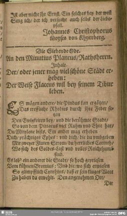 Die Siebende Ode. An den Minutius Plancus, Rathsherrn