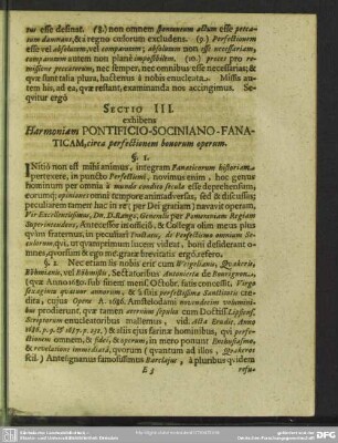 Sectio III. exhibens Harmoniam Pontificio-Sociniano-Fanaticam, circa perfectionem bonorum operum