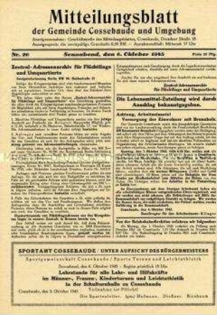 Kommunales Mitteilungsblatt u.a. zur Einrichtung eines zentralen Adressenarchivs für Flüchtlinge sowie mit privaten und gewerblichen Anzeigen