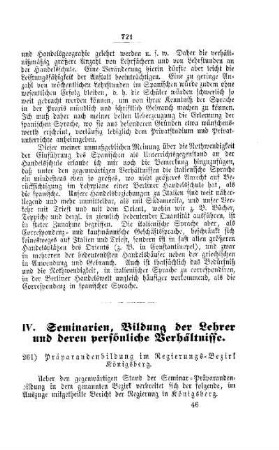 Präparandenbildung im Regierungs-Bezirk Königsberg : [IV. Seminarien, Bildung der Lehrer und deren persönliche Verhältnisse]