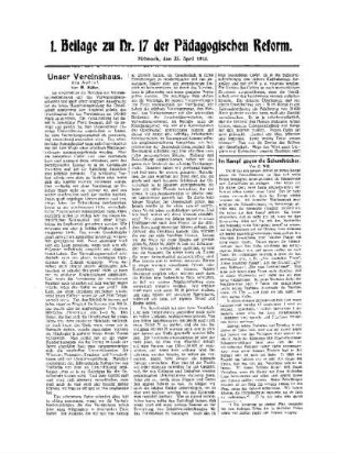 Unser Vereinshaus : Ein Aufruf ; 1. Beilage zu Nr. 17 der Pädagogischen Reform