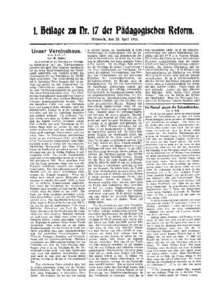 Unser Vereinshaus : Ein Aufruf ; 1. Beilage zu Nr. 17 der Pädagogischen Reform
