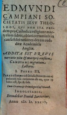 Edmundi Campiani ... Oblati certaminis in causa fidei rationes decem redditae Academicis Angliae