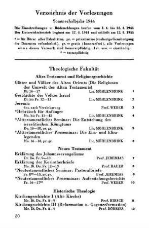 Verzeichnis der Vorlesungen Sommerhalbjahr 1944