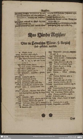 Das Vierdte Register, Uber die Hebreischen Wörter, so kürtzlich sind erkläret worden