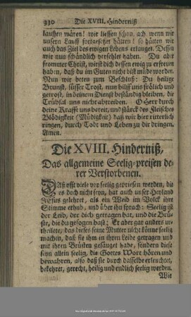 Die XVIII. Hinderniß. Das allgemeine Seelig-preisen derer Verstorbenen