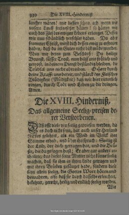 Die XVIII. Hinderniß. Das allgemeine Seelig-preisen derer Verstorbenen