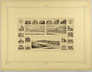 Bilderbogen mit 18 kleinen Ansichten von Gebäuden in Pirna, 3 größeren Stadtansichten (aus den Jahren 1650, 1772 und 1885) und zwei Stadtwappen, Reproduktion nach einer Llithographie