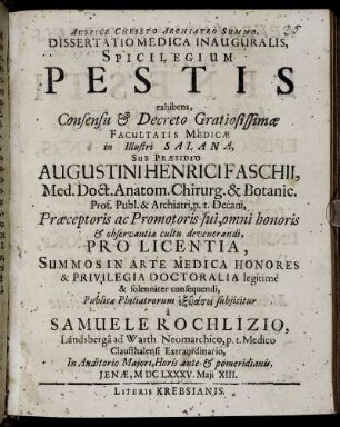 Dissertatio Medica Inauguralis Spicilegium Pestis