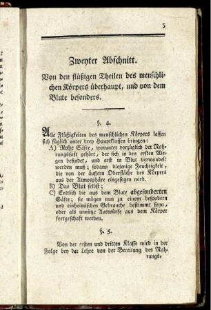 Zweyter Abschnitt. Von den flüßigen Theilen des menschlichen Körpers überhaupt, und von dem Blute besonders.