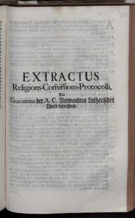 Extractus Religions-Com[m]issions-Protocolli, Die Gravamina der A.C. Verwandten Lutherischen Theils betreffend