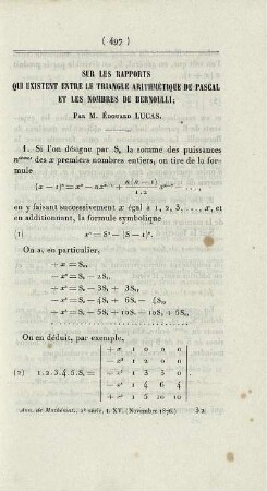 Sur les rapports qui existent entre le triangle arithmétique de Pascal et les nombres de Bernoulli.