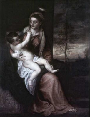 Maria mit dem Kinde in einer Abendlandschaft