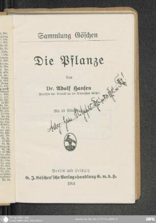 Die Pflanze : mit 33 Abb.
