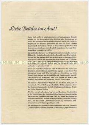 Aufruf evangelischer Pfarrer in der DDR an ihre Kollegen zur Wahl der Kandidaten der Nationalen Front bei den Volkskammerwahlen, mit Angriffen auf die katholische Kirche und 35 Unterschriften