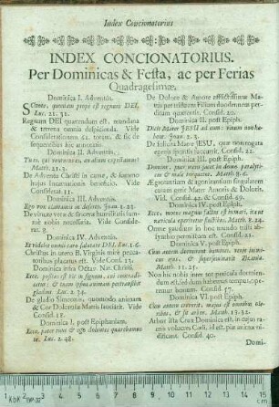 Index Concionatorius. Per Dominicas & Festa, ac per Ferias Quadragesimæ.