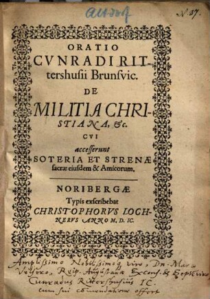 Oratio Cvnradi Rittershusii Brunsvic. De Militia Christiana etc.