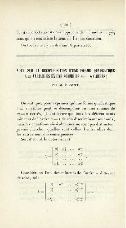 Note sur la décomposition d'une forme quadratique a m variables en une somme de m - n carrés.