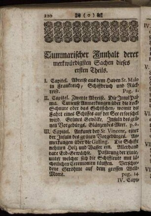 Summarischer Innhalt derer merkwürdigsten Sachen dieses ersten Theils.