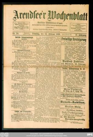 Arendsee'r Wochenblatt, Nr. 24. Dienstag, den 24. Februar 1920.
