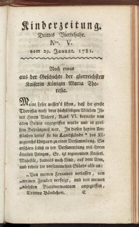 Kinderzeitung. Drittes Vierteljahr. Nro. V. vom 29. Januar. 1781.