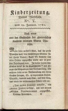 Kinderzeitung. Drittes Vierteljahr. Nro. V. vom 29. Januar. 1781.