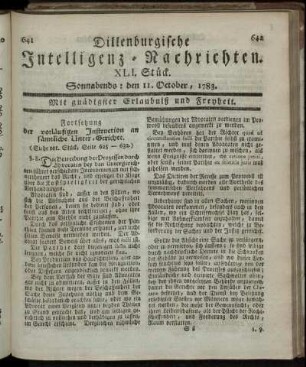 XLI. Stück. Sonnabends: den 11. October, 1783.