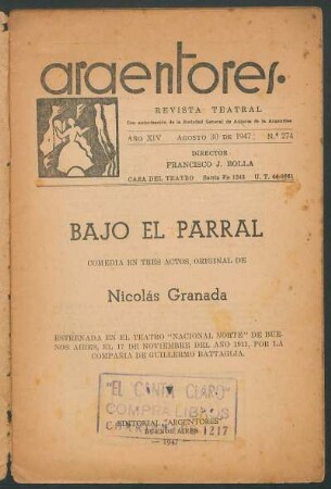 1947027400: Bajo el parral : comedia en tres actos
