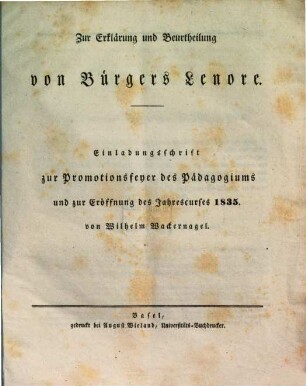 Zur Erklärung und Beurtheilung von Bürgers Lenore : Einladungsschrift