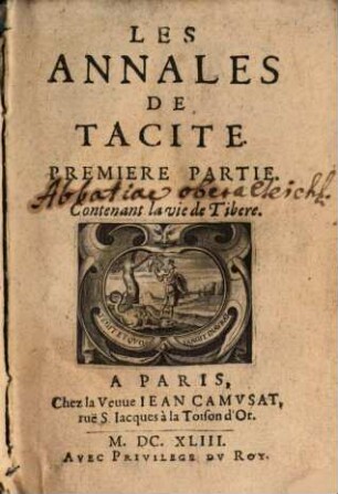 Les Annales De Tacite, 1. Contenant la vie de Tibere