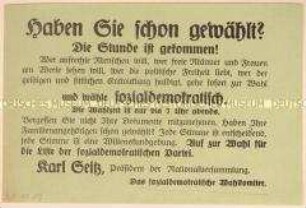 Sozialdemokratische Wahlaufforderung am Tag der Wahl zur Unterstützung der Liste Karl Seitz