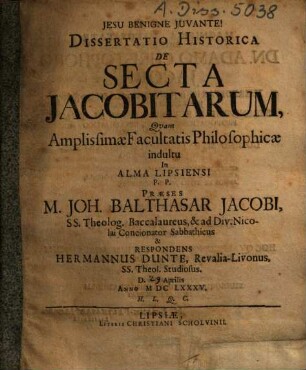 Dissertatio Historica De Secta Jacobitarum