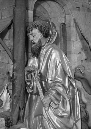Flügelaltar : Flügelaltar. Holz, geschnitzt, gefaßt (um 1520/1525). Männliche Assistenzfigur. Sankt Andrä (Wolfsberg)-Maria Rojach, Pfarrkirche