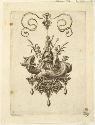 Anhänger mit Meeresungeheuer, Neptun und zwei Nereiden, Blatt 4 aus der Folge: Bullarum Inarium Etc. Archetypi Artificiosi (Entwürfe für Anhänger II; 10 Blätter)