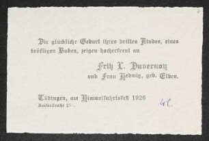 Brief von Fritz Duvernoy und Hedwig Duvernoy an Gerhart Hauptmann